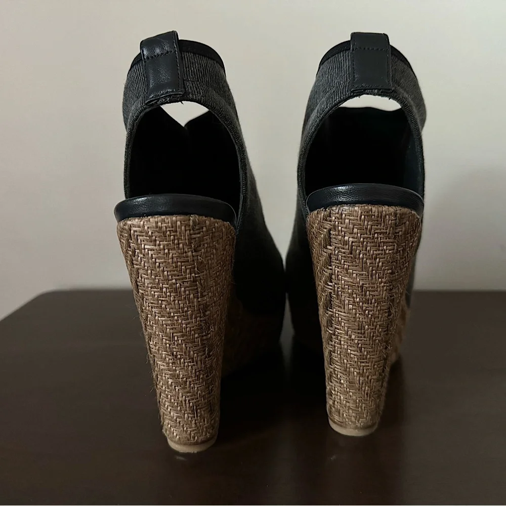 Stuart Weitzman Platform Wedge Slingback Sandals Dark Gray Cork Canvas Size 8 - Picture 4 of 8
